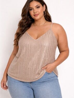 Sweet Rain Beige Sequin V-Neck Cami Top Size 2X